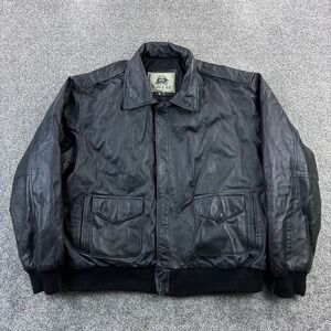 Vintage Burks Bay Leather Bomber Jacket Mens XL Black Dog Embroidered Logo